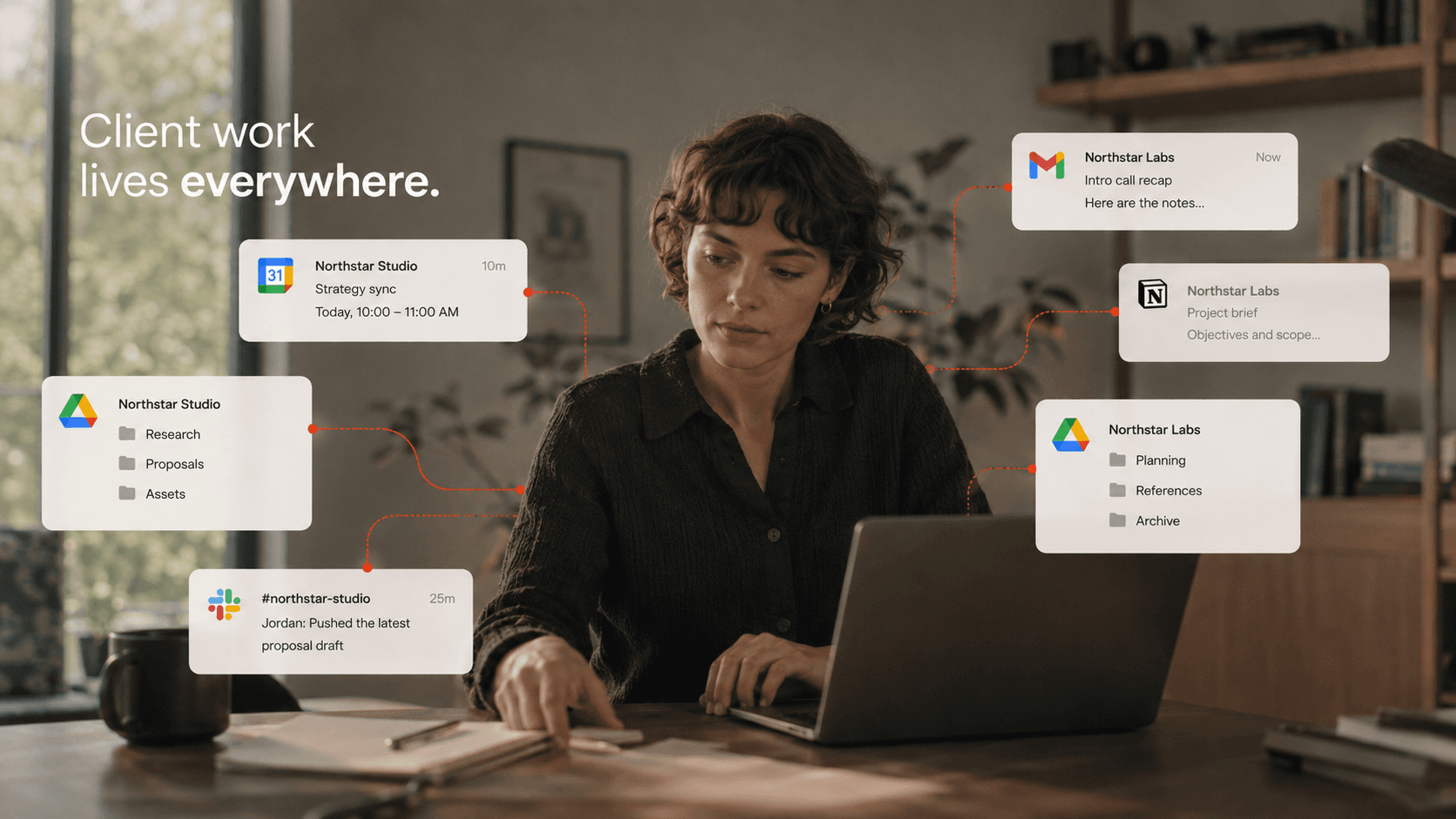 Peon illustration of client work spread across calendar, email, files, Slack, and Notion