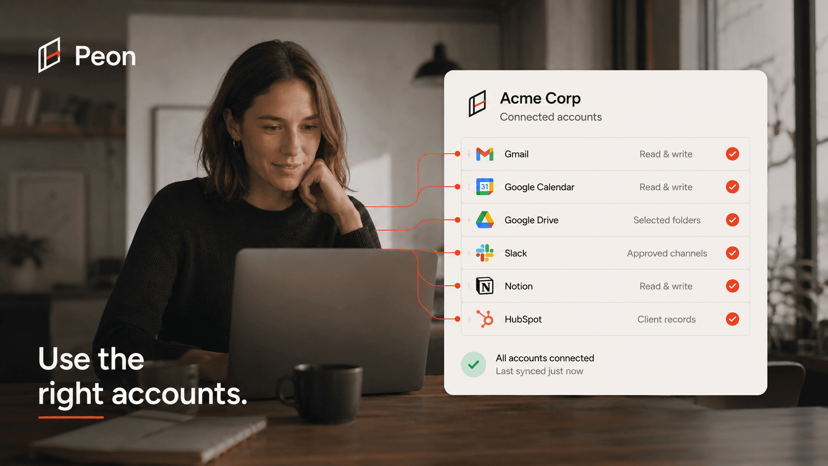 Peon illustration showing a client's connected app accounts and their access settings