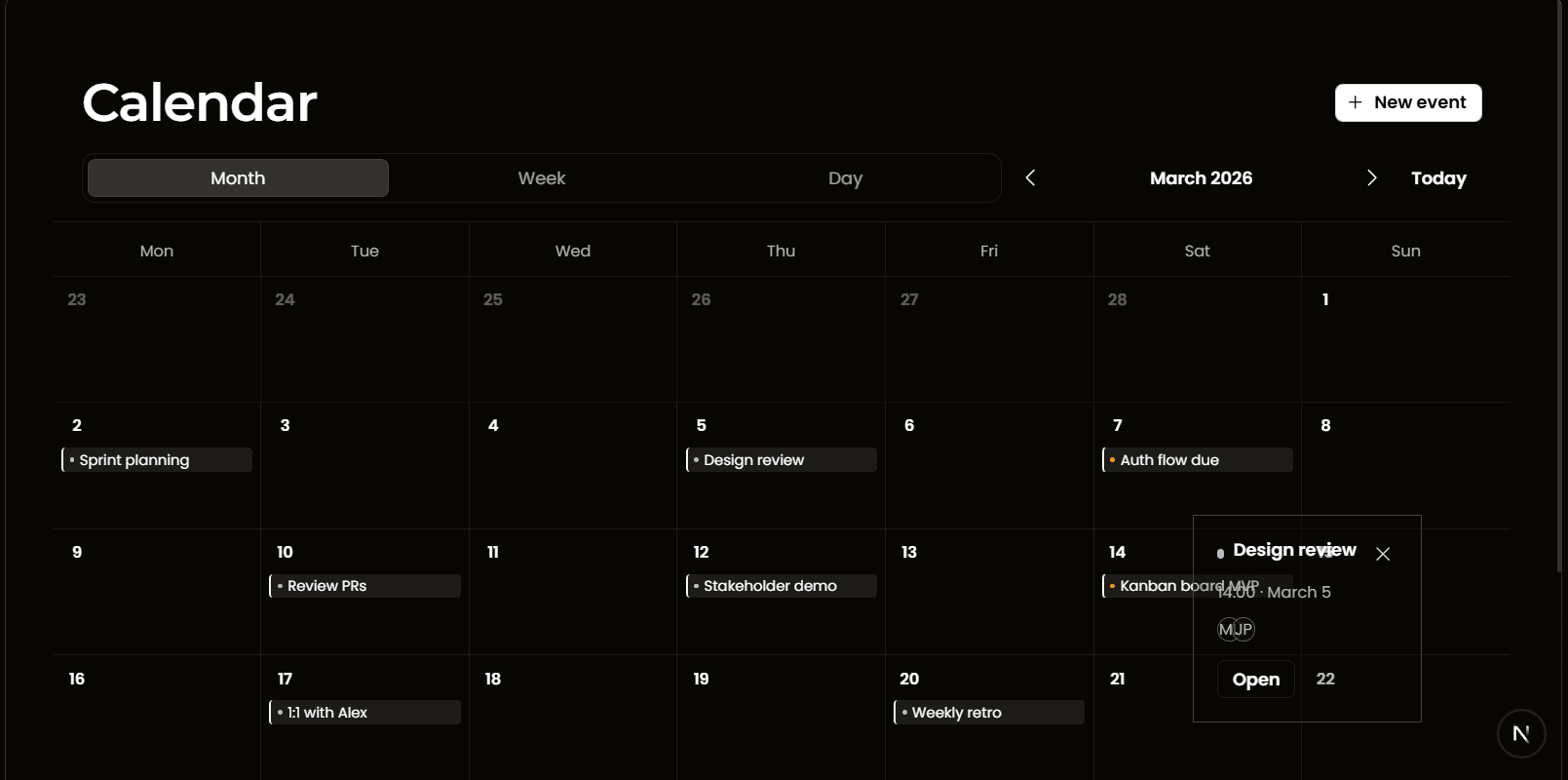 Sodium month calendar for March 2026, with sprint planning, design reviews, and an open design-review popover