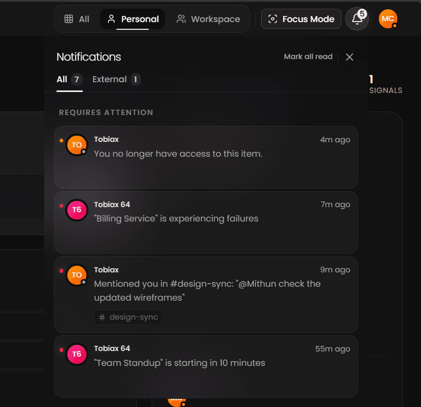 Sodium notifications filtered to Personal, with access changes, mentions, and meetings, and Workspace and External filters alongside